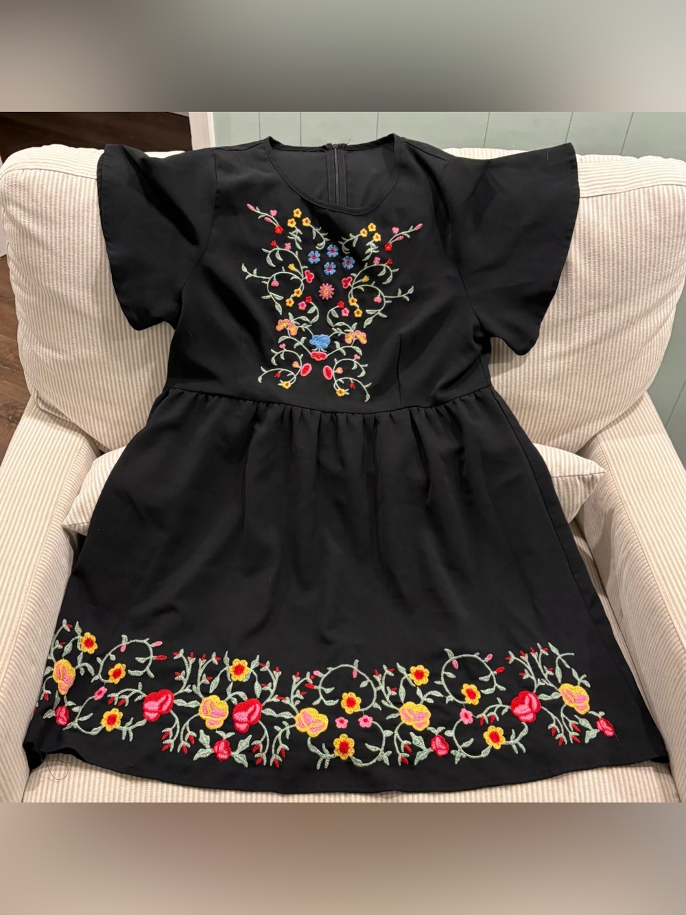 SHEIN Black Dress with Colorful Floral Embroidery